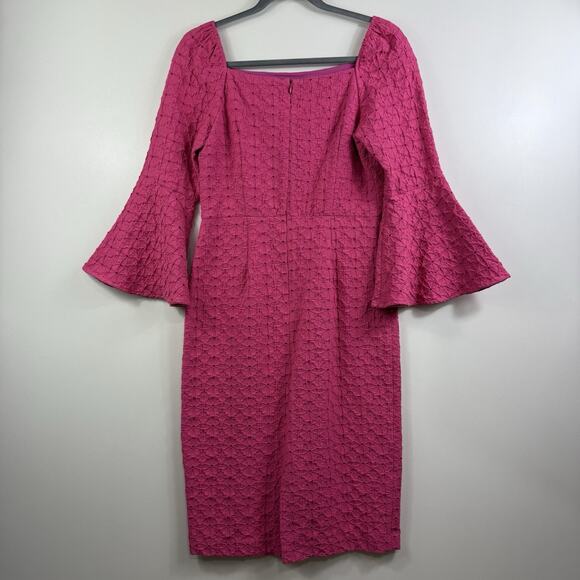Trina Turk New Favor Pink Square Neck Bell Sleeve Dress Size 4 Sheath Textured - Picture 14 of 15